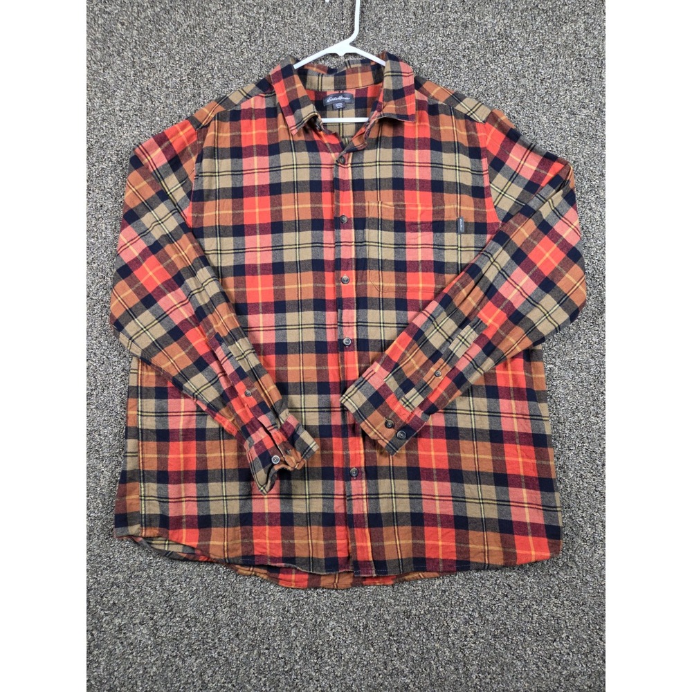 Eddie Bauer Flannel Shirt Mens XL Orange Plaid Long Sleeve Cotton‎ Button Up